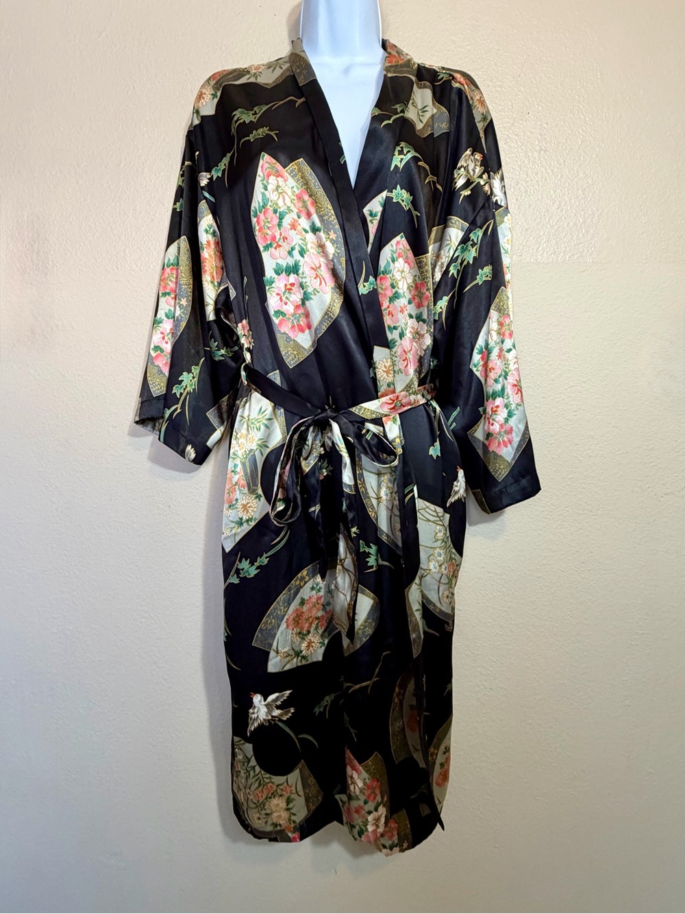 Cabernet Satin Kimono Robe Large Black Floral Fan Asian Inspired Lounge Gown